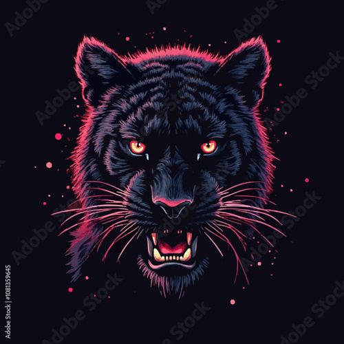 Stylized digital illustration of a black panther with fierce expression and sharp teeth, on a dark background with a purple and pink gradient.
