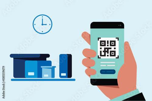 Tracking a parcel with qr code scanner and smartphone. Mobile phone scanning QR-code. Verification. Vector illustration.