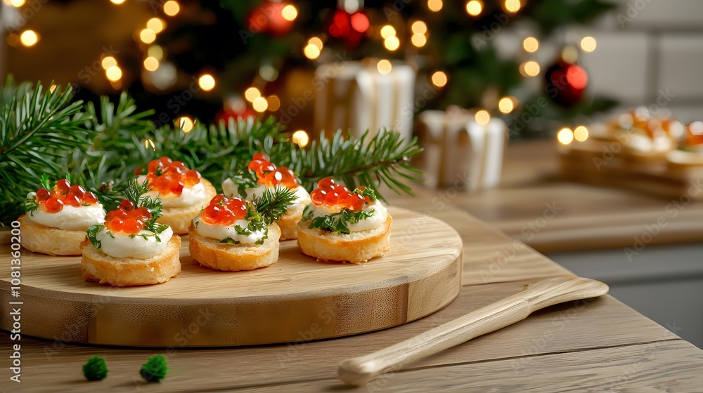 appetizers on a wooden table, featuring a mix of holiday-themed canapés and garnishes in red and green, with decorative Christmas lights in the background appetizers on a wooden table, featuring a mix of holiday-themed canapés and garnishes in red and green, with decorative Christmas lights in the background