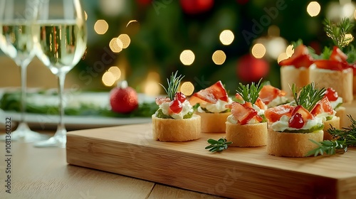 appetizers on a wooden table, featuring a mix of holiday-themed canapés and garnishes in red and green, with decorative Christmas lights in the background