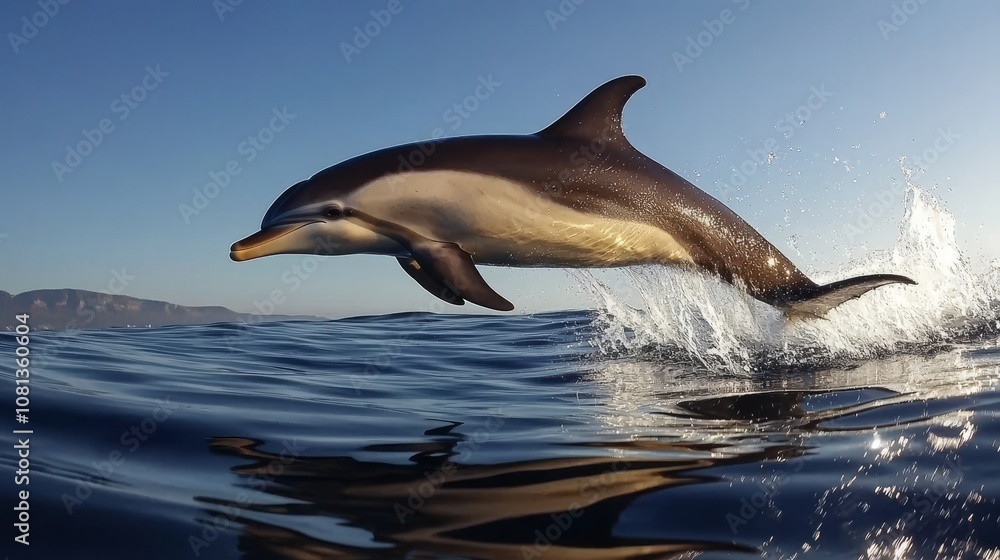 Obraz premium Joyful dolphin soaring into blue sky, waves crashing below, sunlight reflecting