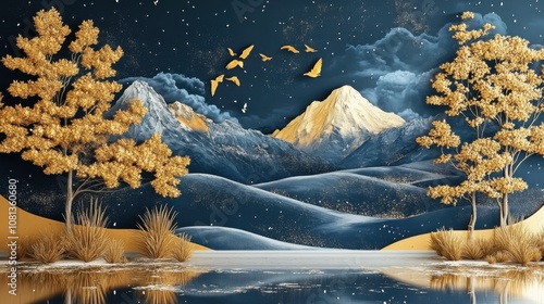Winter Enchantment: 3D Modern Art Mural with Golden Christmas Trees
