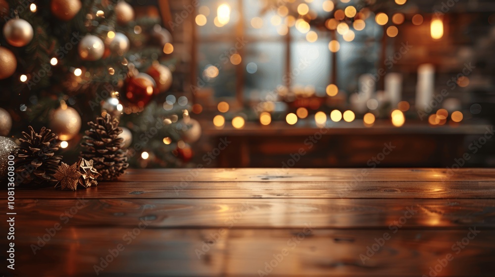 Christmas Decorations with Blurred Table and Golden Bokeh, Warm Christmas Tree on Left, Wooden Dining Desk Interior with Space for Product Display Christmas Decorations with Blurred Table and Golden Bokeh, Warm Christmas Tree on Left, Wooden Dining Desk Interior with Space for Product Display
