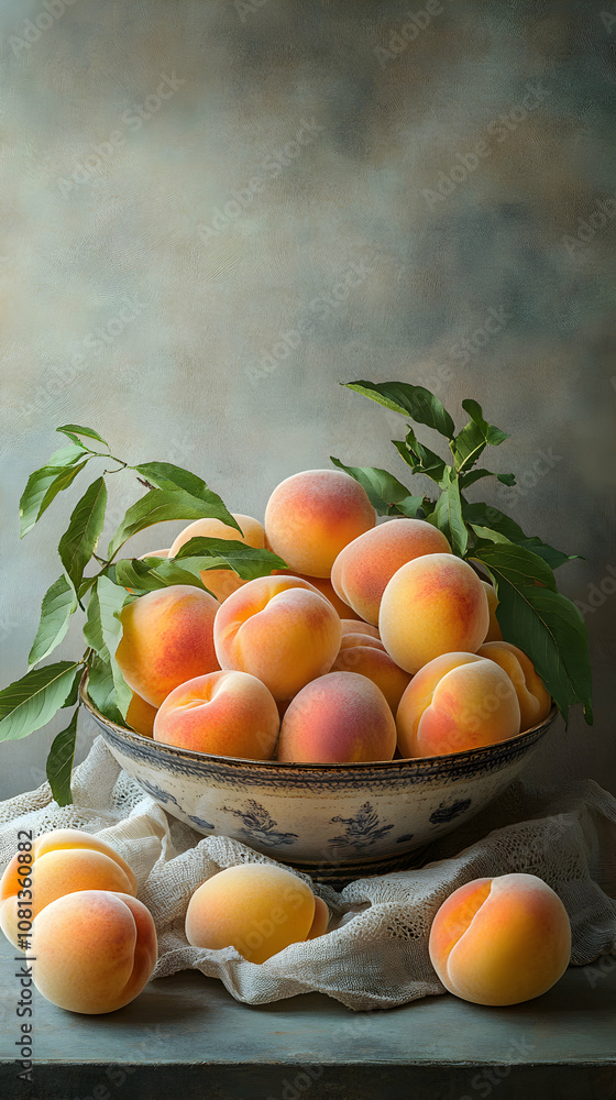 A Bowl of Ripe Peaches with Leaves Arranged on a Rustic Tabletop with a Soft, Neutral Background A Bowl of Ripe Peaches with Leaves Arranged on a Rustic Tabletop with a Soft, Neutral Background