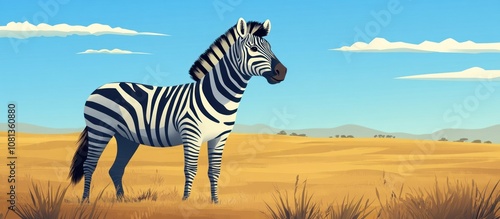 Colorful vector of a zebra on a savannah, bold black and white stripes  photo