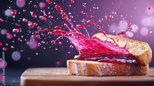 Macro shot of jam splattering on toast, deep red jam particles suspended mid-air, contrasting textures for a lively morning scene photo