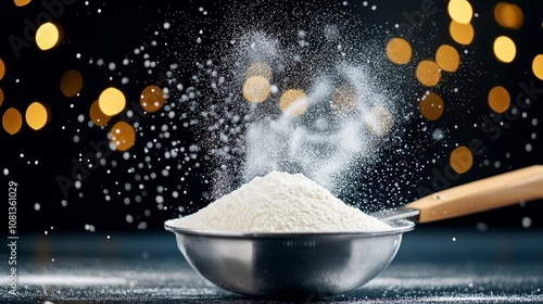 Dynamic shot of flour cloud dispersing in mid-air from a sieve, with vivid particles captured in motion, warm kitchen lighting, intimate detail photo