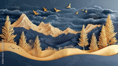 Winter Enchantment: 3D Modern Art Mural with Golden Christmas Trees