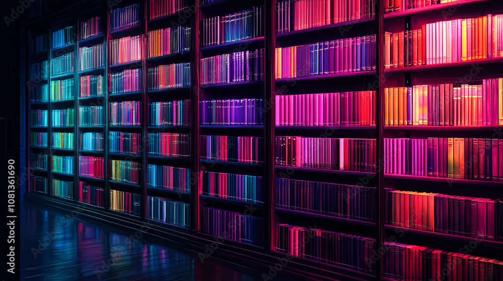 Colorful books on shelves in a library. Colorful books on shelves in a library.