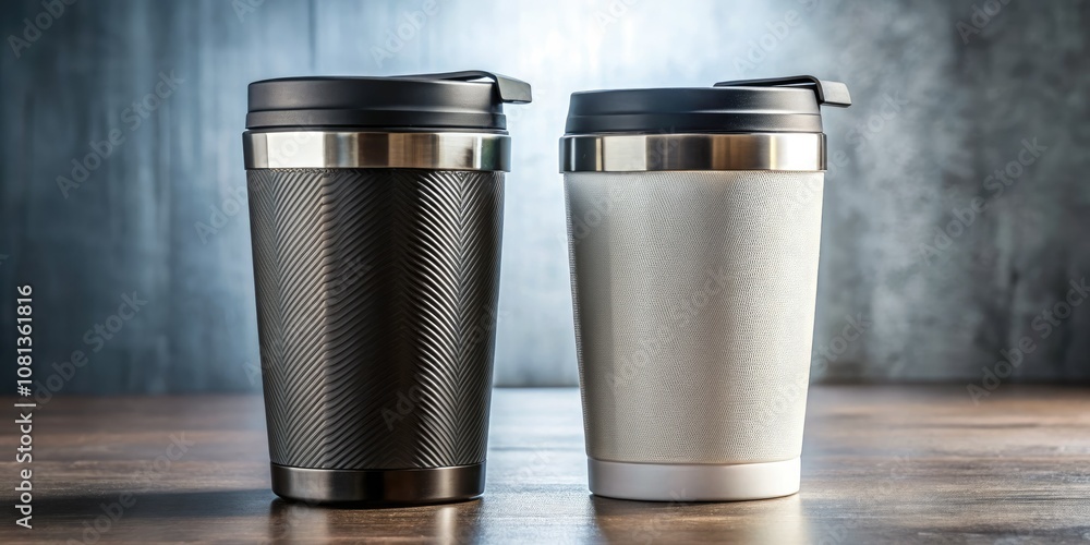 custom made wallpaper toronto digitalCreate stunning designs with this isolated close-up image of a black and white metal travel mug mockup, ideal for personalized branding and presentations.