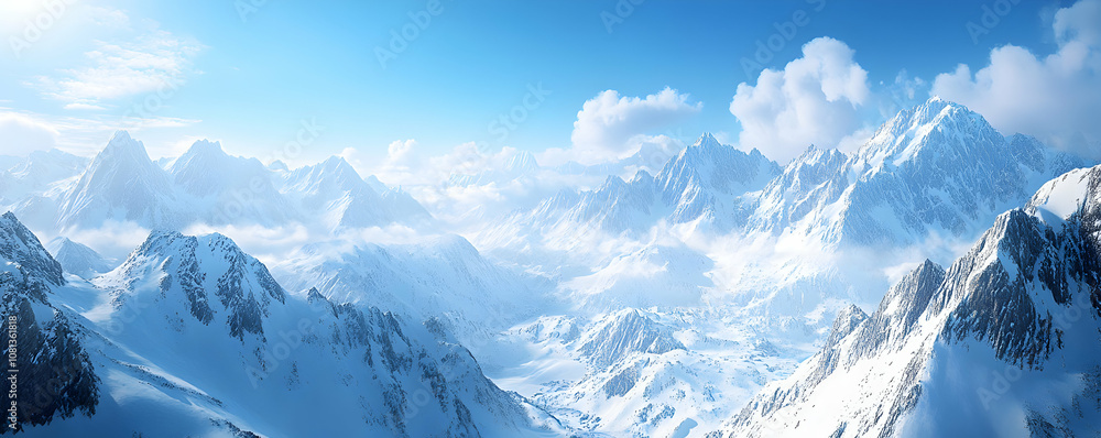 Stunning Aerial View of Snow-Covered Mountain Range with Clouds Stunning Aerial View of Snow-Covered Mountain Range with Clouds