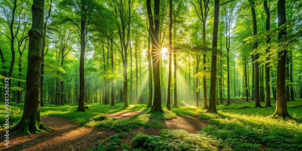 Obraz premium Dappled sunlight streams through vibrant green leaves, creating a serene atmosphere in the forest, where nature's beauty unfolds quietly, inviting peace and tranquility to all.