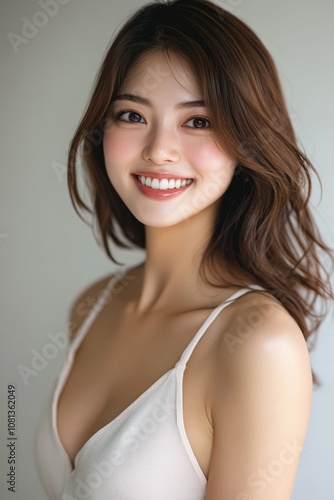 An Asian woman’s striking skin and confident pose highlight natural beauty and wellness, making her an excellent fit for cosmetic advertisements.