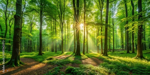 Dappled sunlight streams through vibrant green leaves, creating a serene atmosphere in the forest, where nature's beauty unfolds quietly, inviting peace and tranquility to all.