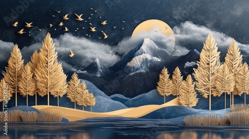 Winter Enchantment: 3D Modern Art Mural with Golden Christmas Trees