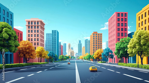 Colorful city street with cars and trees.