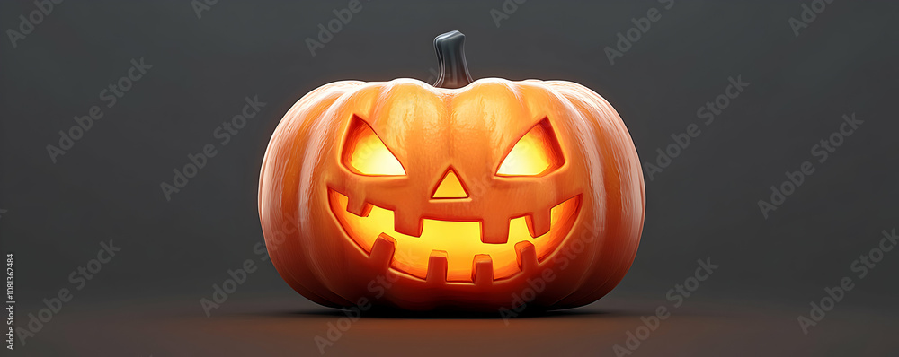 3D Render of a Carved Pumpkin with Glowing Eyes and a Grinning Face Against a Dark Background, Halloween Decoration