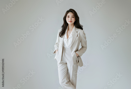 Portraits of Asian women in simple casual attire, standing against plain white background, wear minimal makeup display natural expressions, emphasizing modern, everyday style. photo