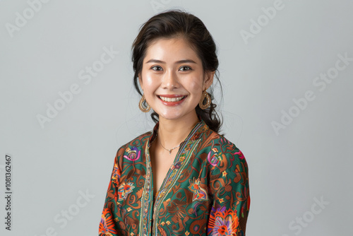 A young woman smiles while wearing traditional Asia attire, featuring intricate patterns and golden accessories. The soft background highlights her elegance and cultural beauty. photo