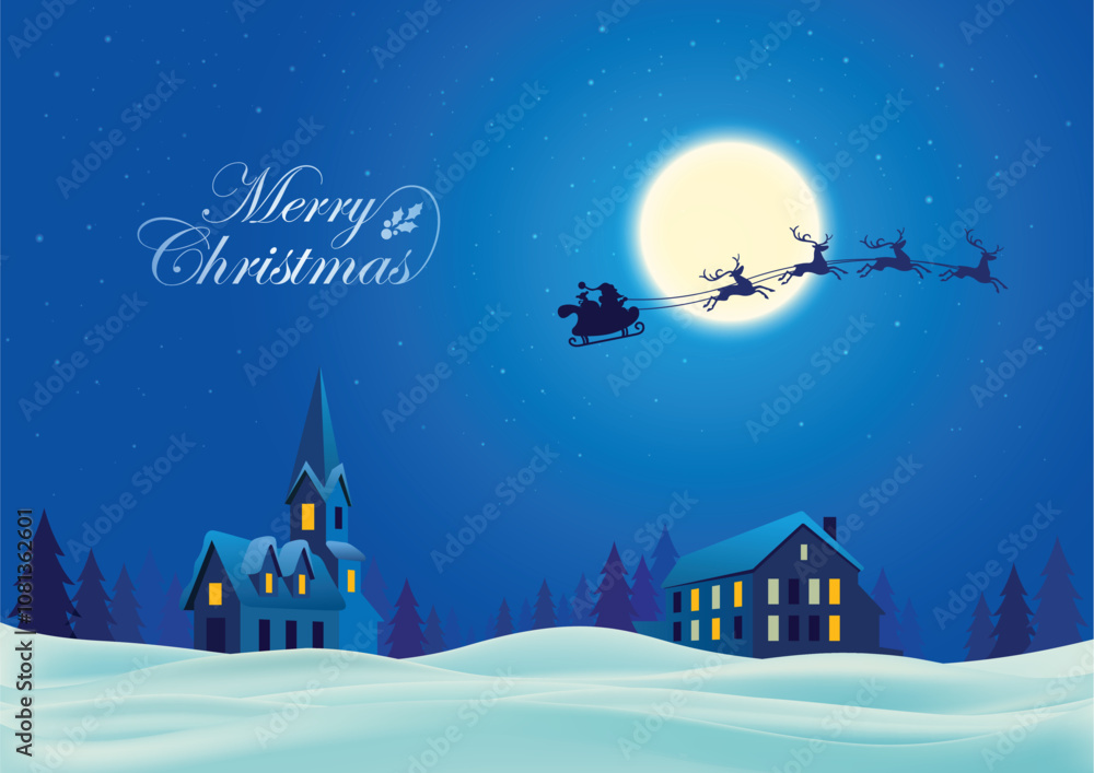 Fototapeta premium Merry Christmas greeting card. Santa Claus in a sleigh with reindeers flies on the background of the Moon and stars. 