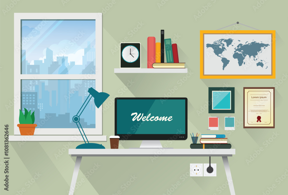 Home office desktop workspace. Flat design concept.