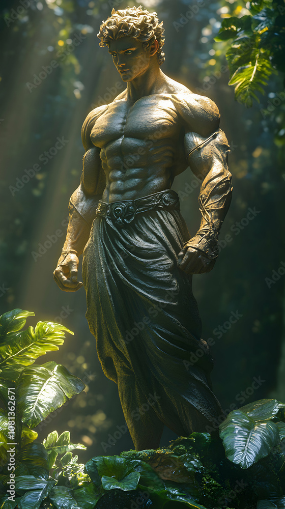 A Muscular Statue in a Forest Setting, Rendered in a Realistic Style, with a Golden Sheen and Intricate Details A Muscular Statue in a Forest Setting, Rendered in a Realistic Style, with a Golden Sheen and Intricate Details