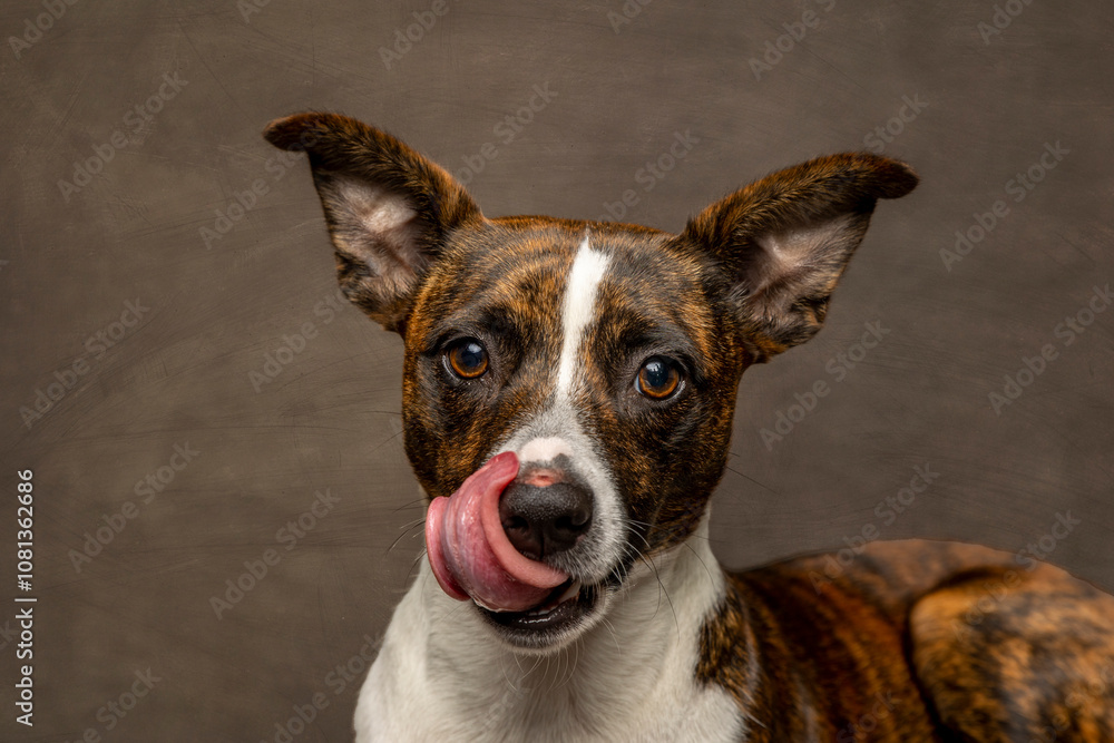portrait of a dog in studio on brown background licking portrait of a dog in studio on brown background licking