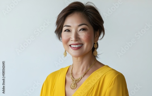 An elderly Asian grandmother with silver hair poses gracefully against a white backdrop, her gentle expression capturing the wisdom and grace of old age. photo