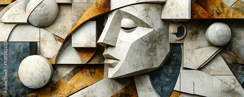 Abstract 3D Stone Sculpture with Geometric Shapes and a Human Face