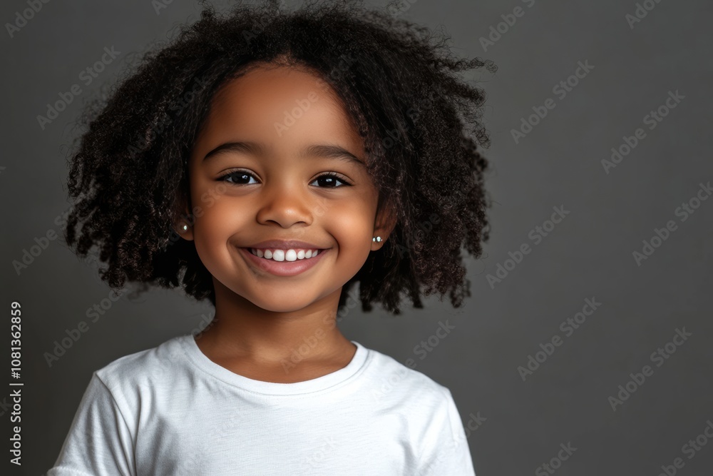 The bright smile and confident stance of a young black girl in a white t-shirt against a white backdrop make this image perfect for inclusivity and childhood happiness promotions. The bright smile and confident stance of a young black girl in a white t-shirt against a white backdrop make this image perfect for inclusivity and childhood happiness promotions.
