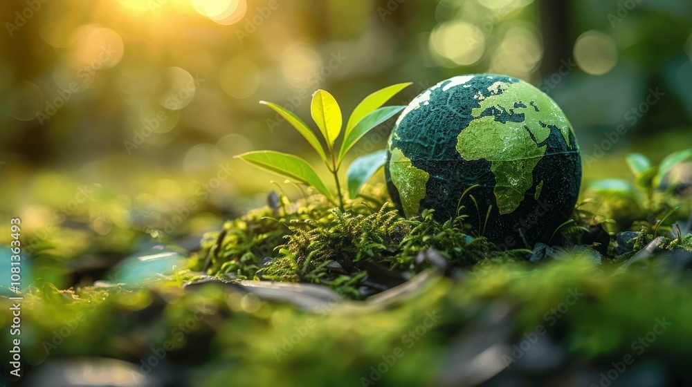 Green Planet Earth with Growing Plants in Forest Morning Sunlight Depicting World Environment Day and Global Warming Green Planet Earth with Growing Plants in Forest Morning Sunlight Depicting World Environment Day and Global Warming