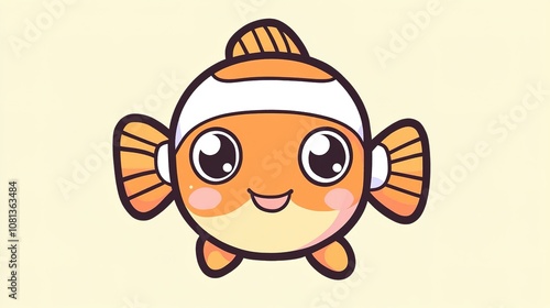 Kawaii-Style Clownfish with Happy Expression, Big Eyes, Cute Blushing Cheeks, and Bold Stripes, Perfect for Children's Coloring Book photo