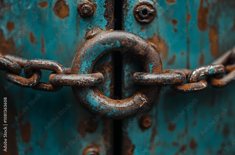 Rusty chain link locked on weathered blue door a study of resilience and decay Rusty chain link locked on weathered blue door a study of resilience and decay