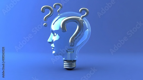 Lamp or Light Bulb with Thinking Question Marks Above the Head, Creative Concept with Blue Background, Symbolizing Ideas and Problem Solving photo