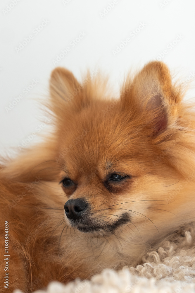 A Pomeranian puppy resting comfortably on a soft blanket in a cozy indoor setting, capturing a moment of tranquility and cuteness A Pomeranian puppy resting comfortably on a soft blanket in a cozy indoor setting, capturing a moment of tranquility and cuteness
