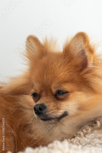 A Pomeranian puppy resting comfortably on a soft blanket in a cozy indoor setting, capturing a moment of tranquility and cuteness