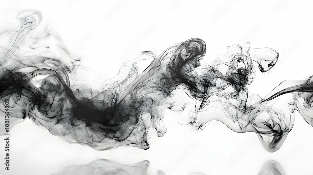 Fototapeta premium Abstract Black Ink Swirls in Motion on White Background, Creating an Ethereal and Artistic Design.