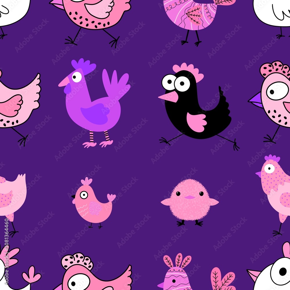 Fototapeta premium Easter chicken seamless birds pattern for wrapping paper and fabrics