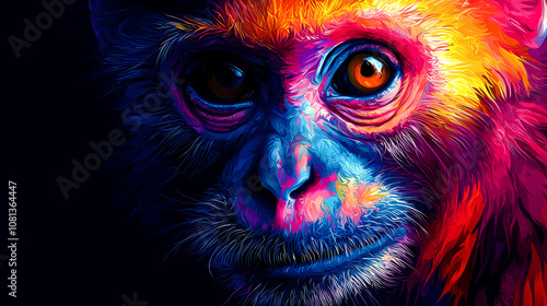 Colorful monkey portrait with vibrant hues and dark background.