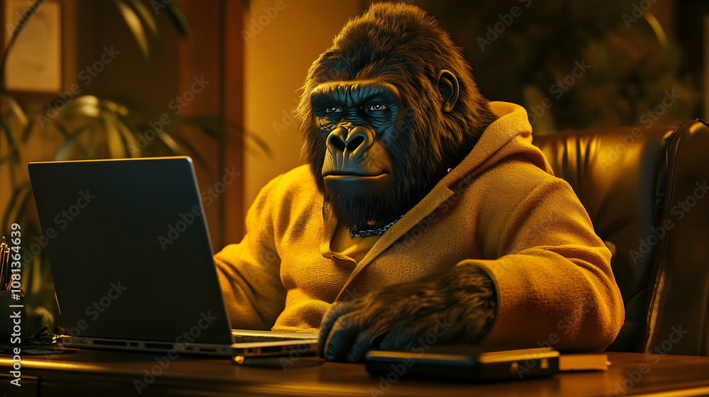 Gorilla in Yellow Hoodie Works on Laptop at Desk, 3D Digital Art Illustration Gorilla in Yellow Hoodie Works on Laptop at Desk, 3D Digital Art Illustration