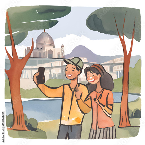 A couple taking a selfie in front of a famous landmark, smiling with a scenic background