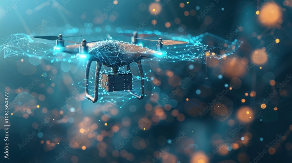 A futuristic drone with a camera and delivery package in flight, surrounded by a glowing blue and gold light. A futuristic drone with a camera and delivery package in flight, surrounded by a glowing blue and gold light.