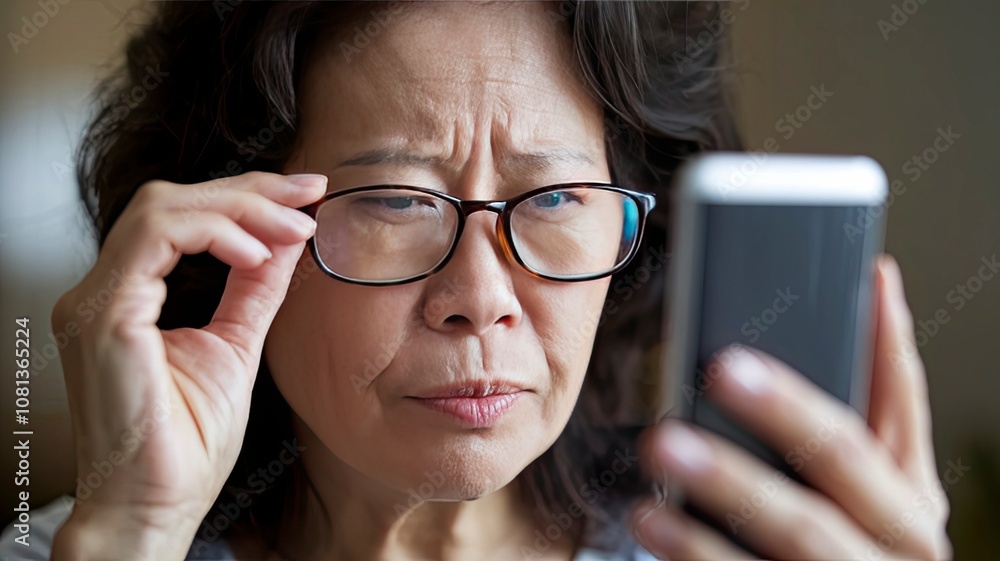 Senior woman struggling to see smartphone screen while wearing glasses. Concept of aging and eyesight problems. Senior woman struggling to see smartphone screen while wearing glasses. Concept of aging and eyesight problems.