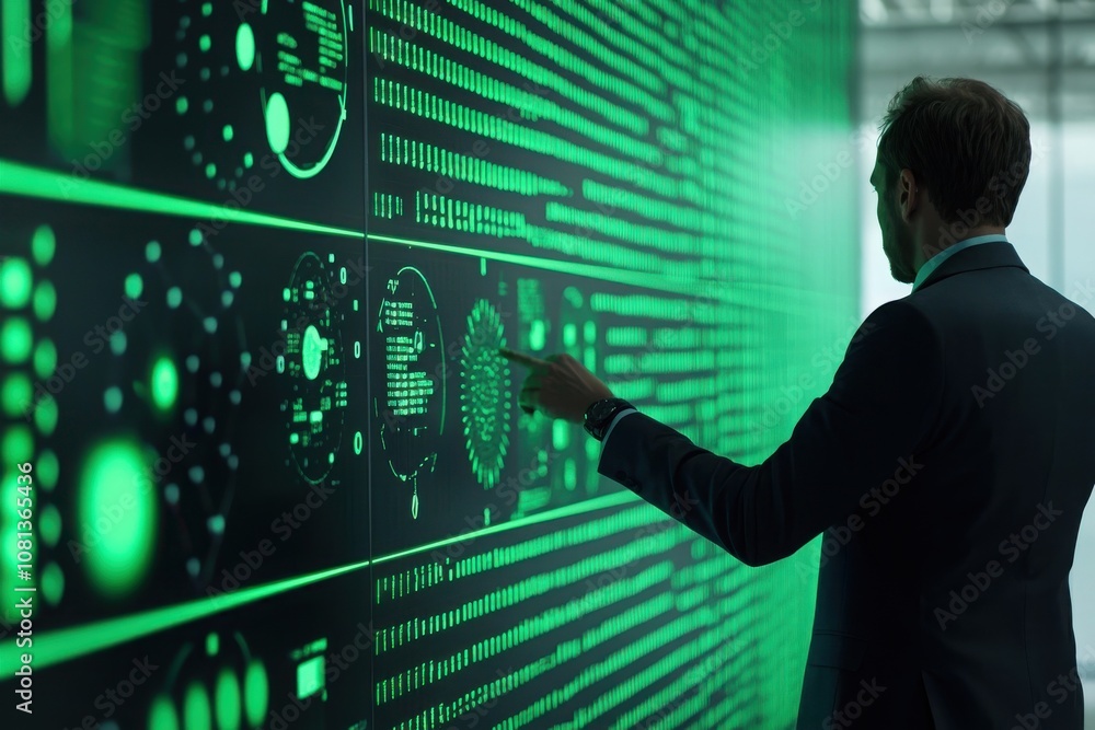 Business executive analyzing solar investment trends modern office data visualization high-tech environment side view strategic insights Business executive analyzing solar investment trends modern office data visualization high-tech environment side view strategic insights