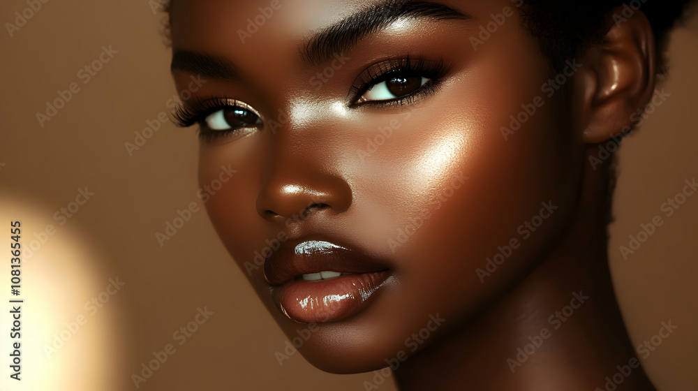 Close-up Portrait: Glowing Skin, Dark Eyes, and Luscious Lips of a Woman, Beauty Photography Close-up Portrait: Glowing Skin, Dark Eyes, and Luscious Lips of a Woman, Beauty Photography