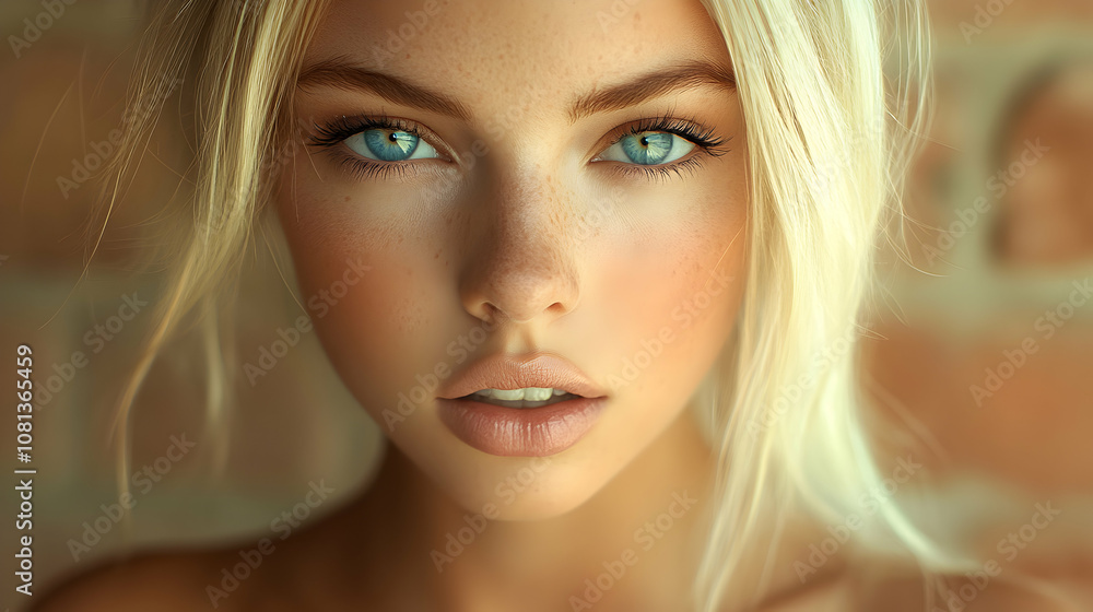 Close-up Portrait of a Woman with Freckles and Bright Blue Eyes, Golden Blonde Hair, Soft Lighting Close-up Portrait of a Woman with Freckles and Bright Blue Eyes, Golden Blonde Hair, Soft Lighting