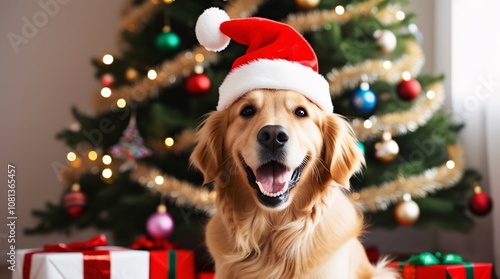 dog at christmas with red hat
