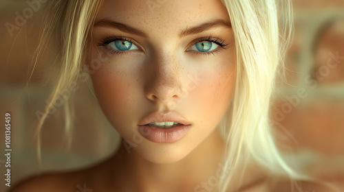 Close-up Portrait of a Woman with Freckles and Bright Blue Eyes, Golden Blonde Hair, Soft Lighting