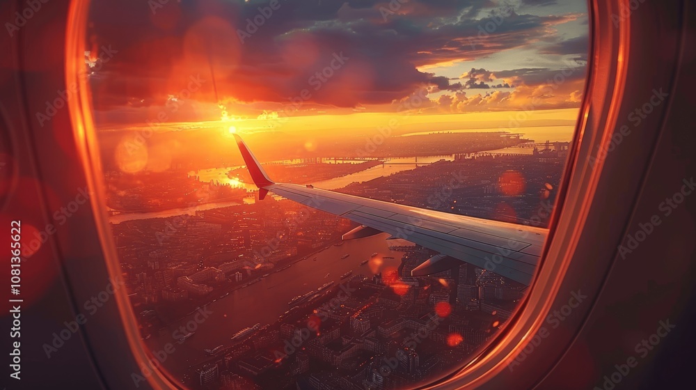 Aerial view of a vibrant urban sunset from an airplane window during takeoff with city skyline Aerial view of a vibrant urban sunset from an airplane window during takeoff with city skyline