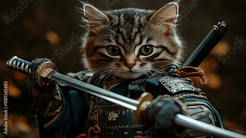 A Kitten Samurai:  Courageous Feline Wielding Swords,  Defending Honorably in Autumnal Setting. photo